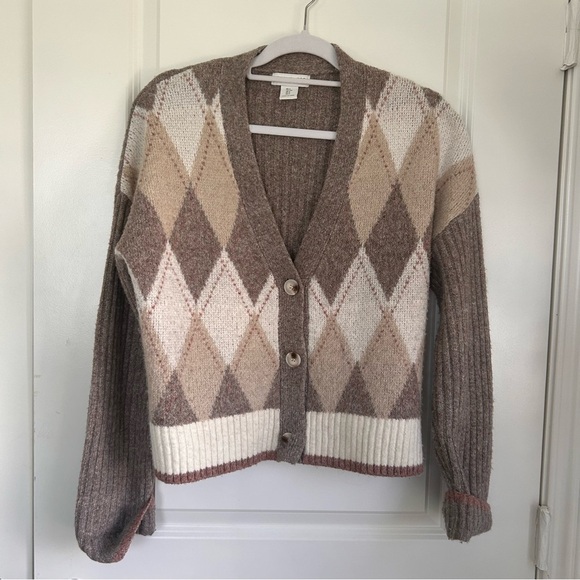 Rachel Zoe Brown Cream Argyle V-neck Cardigan Button front Sweater - Picture 2 of 5